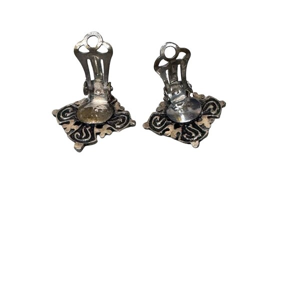 Vtg Silver Filigree Bracelet Turquoise & Clip-On Earrings Set Blue Safety Chain - Picture 5 of 10